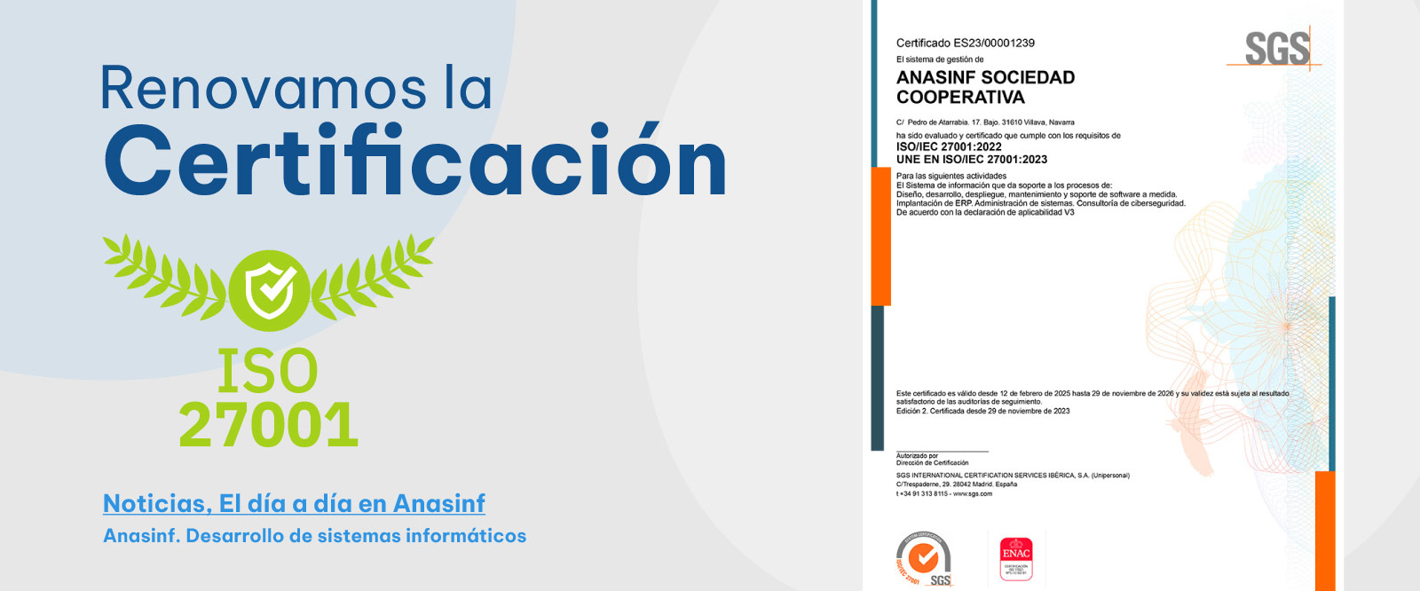 Renovamos la certificación ISO 27001 | Anasinf